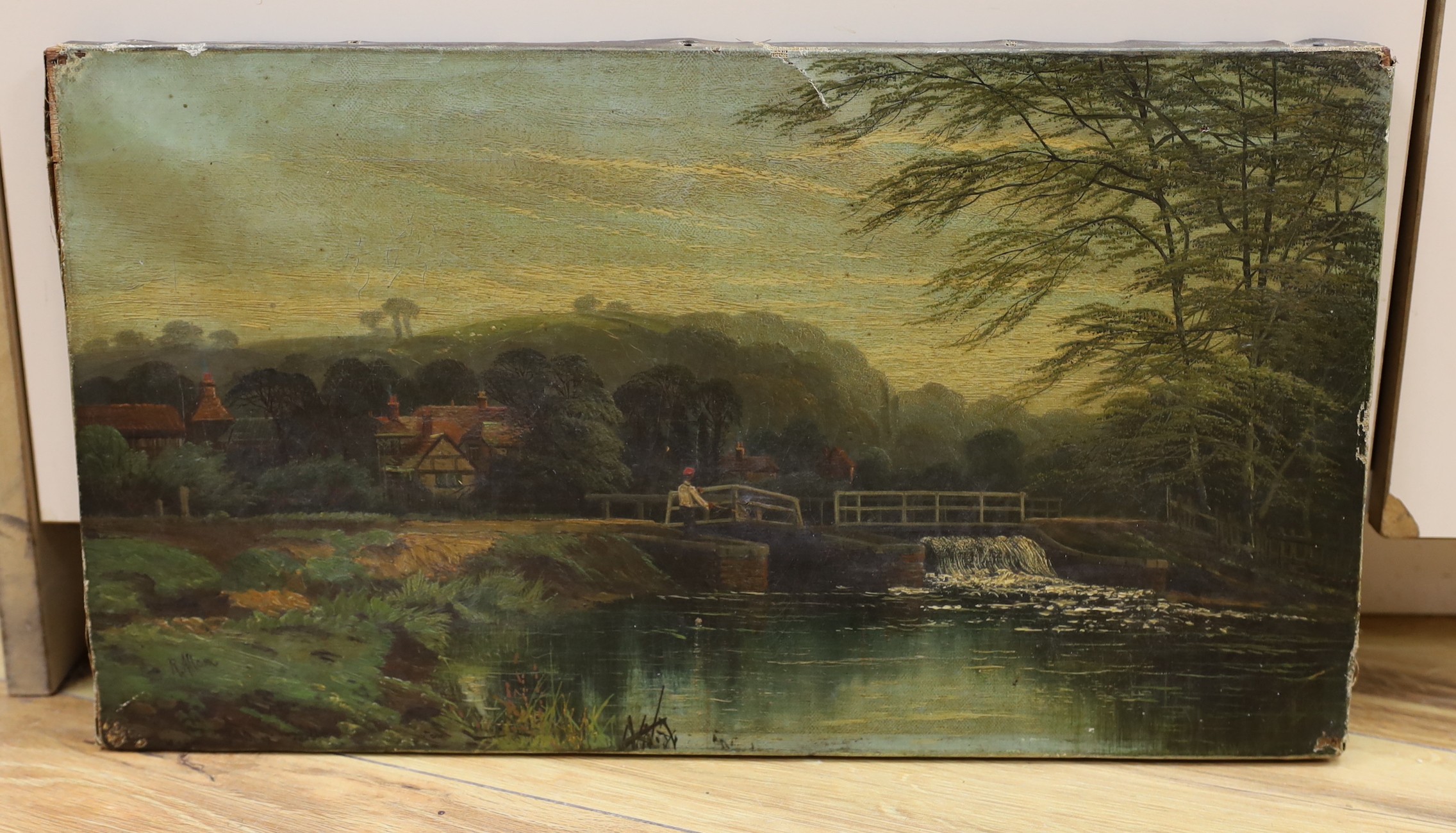 Richard Allam, oil on canvas, 'Loch gates at Guildford', signed, 26 x 46cm